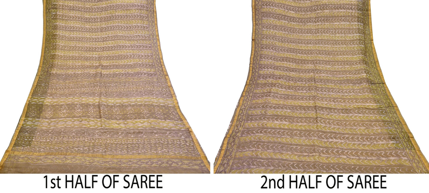 Indian Vintage Fabindia Sari Green & Brown Pure Silk Block Printed Sarees Craft Fabric 6Yd Floral Dress making bollywood silk sarees