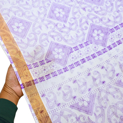 Indian Vintage Sari White bangali printed Pure Cotton Saree Craft Fabric 5Yd Sewing Sarong Wrap Boho Floral Crafting Upcycle Quilting Zari