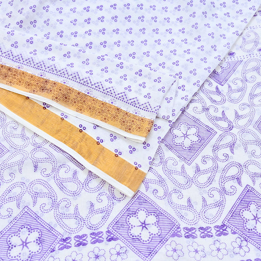 Indian Vintage Sari White bangali printed Pure Cotton Saree Craft Fabric 5Yd Sewing Sarong Wrap Boho Floral Crafting Upcycle Quilting Zari