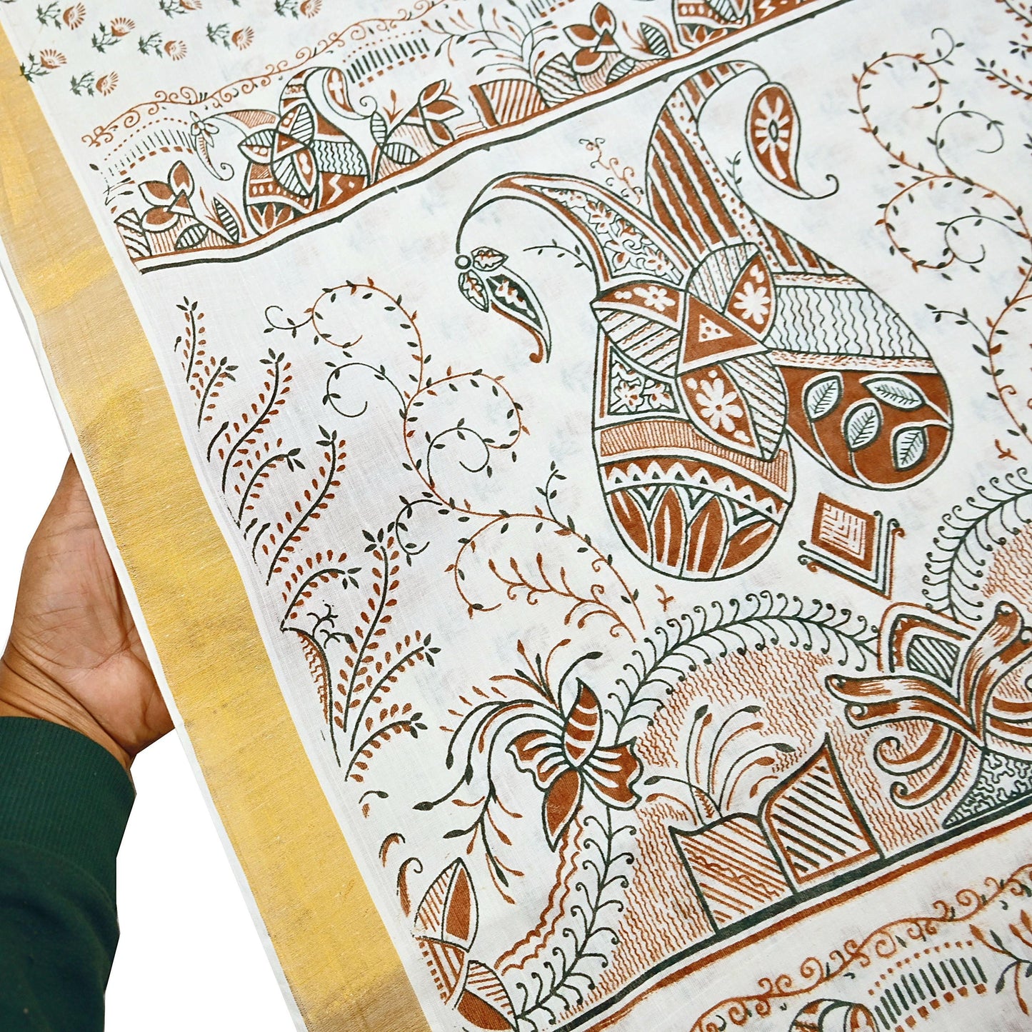 Indian Vintage Sari White bangali printed Pure Cotton Saree Craft Fabric 5Yd Sewing Sarong Wrap Boho Floral Crafting Upcycle Quilting Zari