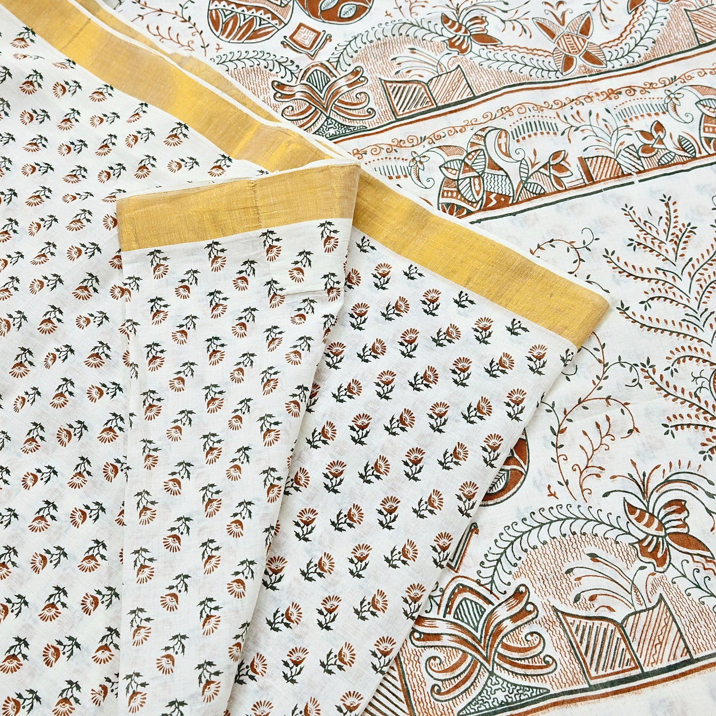 Indian Vintage Sari White bangali printed Pure Cotton Saree Craft Fabric 5Yd Sewing Sarong Wrap Boho Floral Crafting Upcycle Quilting Zari