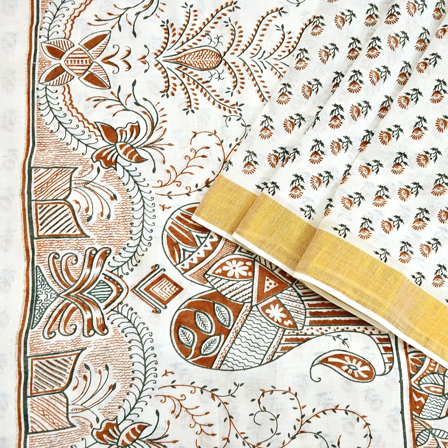 Indian Vintage Sari White bangali printed Pure Cotton Saree Craft Fabric 5Yd Sewing Sarong Wrap Boho Floral Crafting Upcycle Quilting Zari