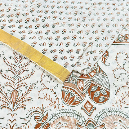 Indian Vintage Sari White bangali printed Pure Cotton Saree Craft Fabric 5Yd Sewing Sarong Wrap Boho Floral Crafting Upcycle Quilting Zari