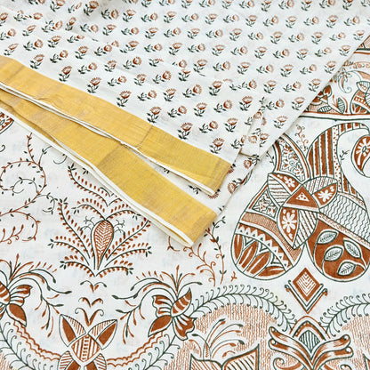 Indian Vintage Sari White bangali printed Pure Cotton Saree Craft Fabric 5Yd Sewing Sarong Wrap Boho Floral Crafting Upcycle Quilting Zari