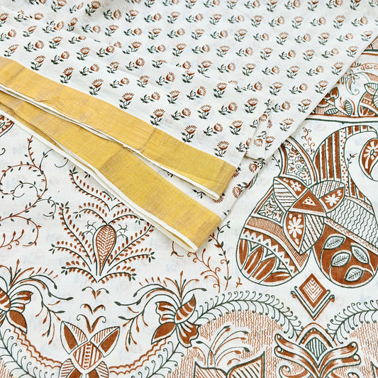 Indian Vintage Sari White bangali printed Pure Cotton Saree Craft Fabric 5Yd Sewing Sarong Wrap Boho Floral Crafting Upcycle Quilting Zari