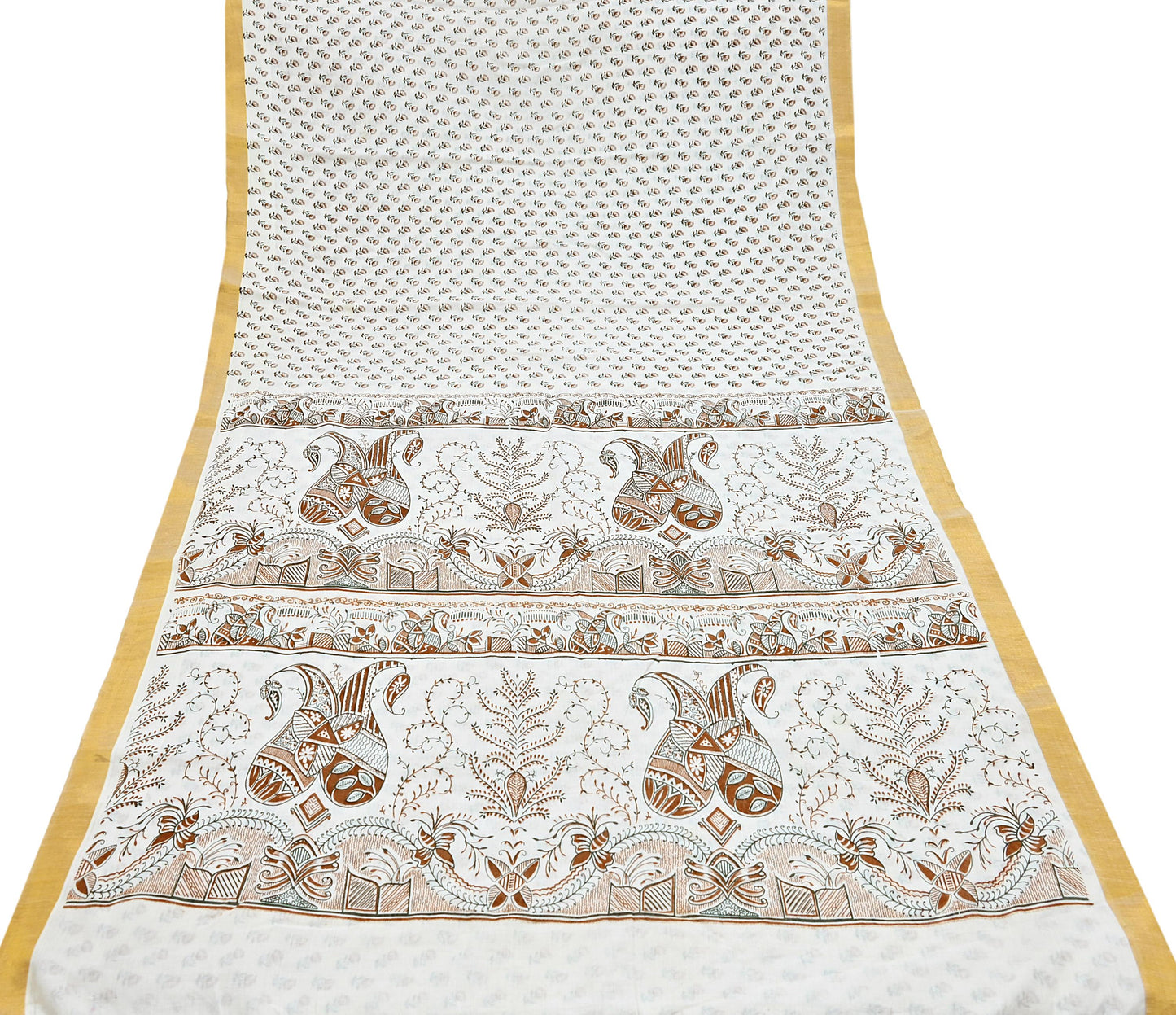 Indian Vintage Sari White bangali printed Pure Cotton Saree Craft Fabric 5Yd Sewing Sarong Wrap Boho Floral Crafting Upcycle Quilting Zari