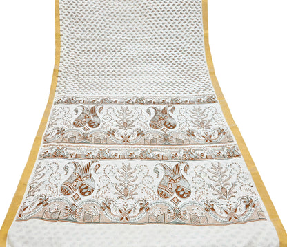 Indian Vintage Sari White bangali printed Pure Cotton Saree Craft Fabric 5Yd Sewing Sarong Wrap Boho Floral Crafting Upcycle Quilting Zari