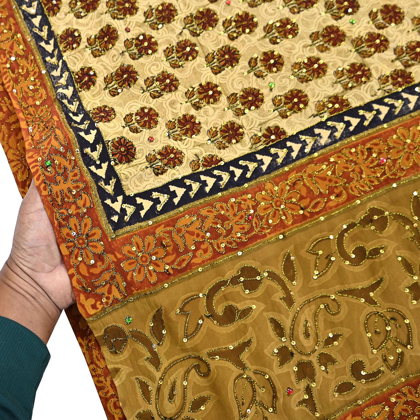 Indian Vintage Sari Beige & orange Pure Crepe Silk Hand Embroidered Saree 5yd Sewing Floral Craft Sequins Dress making Crafting Quilting