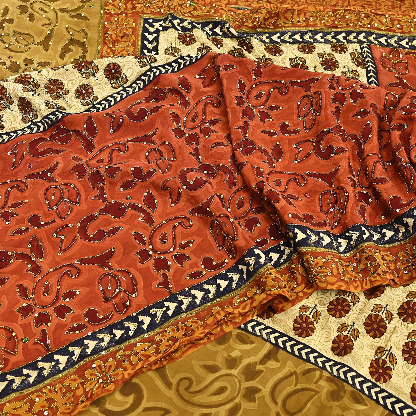 Indian Vintage Sari Beige & orange Pure Crepe Silk Hand Embroidered Saree 5yd Sewing Floral Craft Sequins Dress making Crafting Quilting