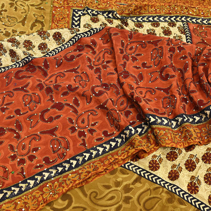 Indian Vintage Sari Beige & orange Pure Crepe Silk Hand Embroidered Saree 5yd Sewing Floral Craft Sequins Dress making Crafting Quilting