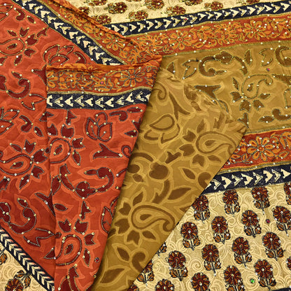 Indian Vintage Sari Beige & orange Pure Crepe Silk Hand Embroidered Saree 5yd Sewing Floral Craft Sequins Dress making Crafting Quilting