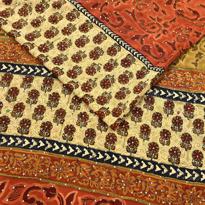 Indian Vintage Sari Beige & orange Pure Crepe Silk Hand Embroidered Saree 5yd Sewing Floral Craft Sequins Dress making Crafting Quilting