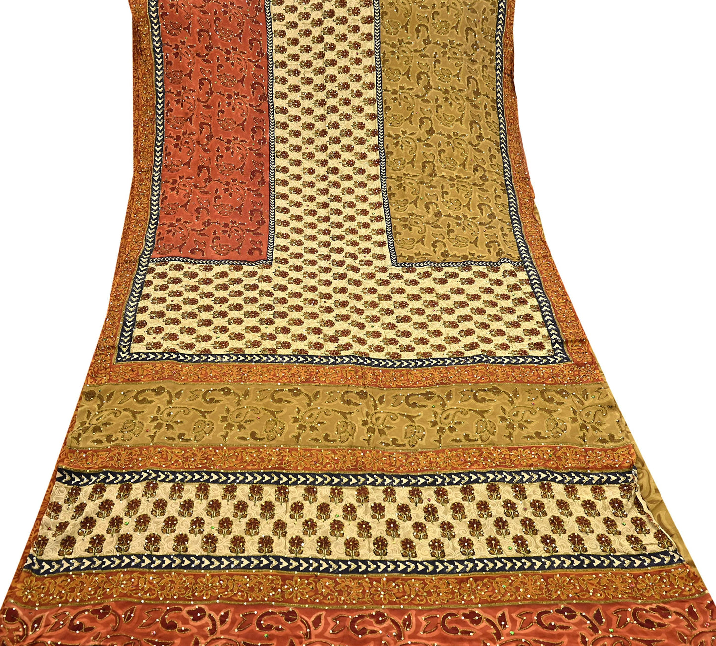 Indian Vintage Sari Beige & orange Pure Crepe Silk Hand Embroidered Saree 5yd Sewing Floral Craft Sequins Dress making Crafting Quilting