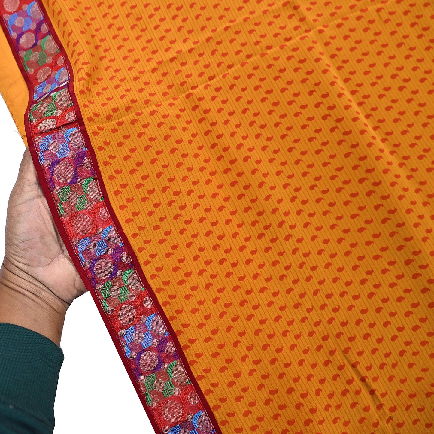 Indian Vintage Sari Saffron Pure Crepe Silk Hand Embroidered Saree 6yd Sewing Floral Craft Sequins Dress making Crafting Quilting