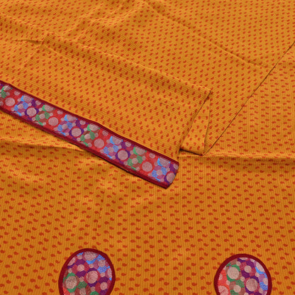 Indian Vintage Sari Saffron Pure Crepe Silk Hand Embroidered Saree 6yd Sewing Floral Craft Sequins Dress making Crafting Quilting