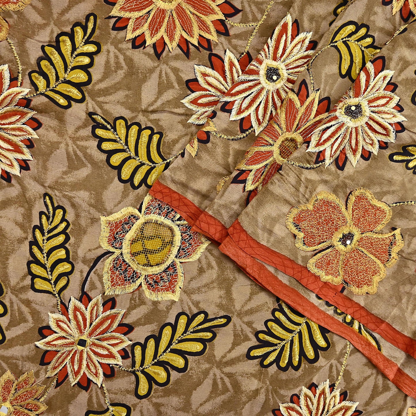 Indian Vintage Sari Brown Pure Crepe Silk Hand Embroidered Saree 5yd Sewing Floral Craft Sequins Dress making Crafting Quilting