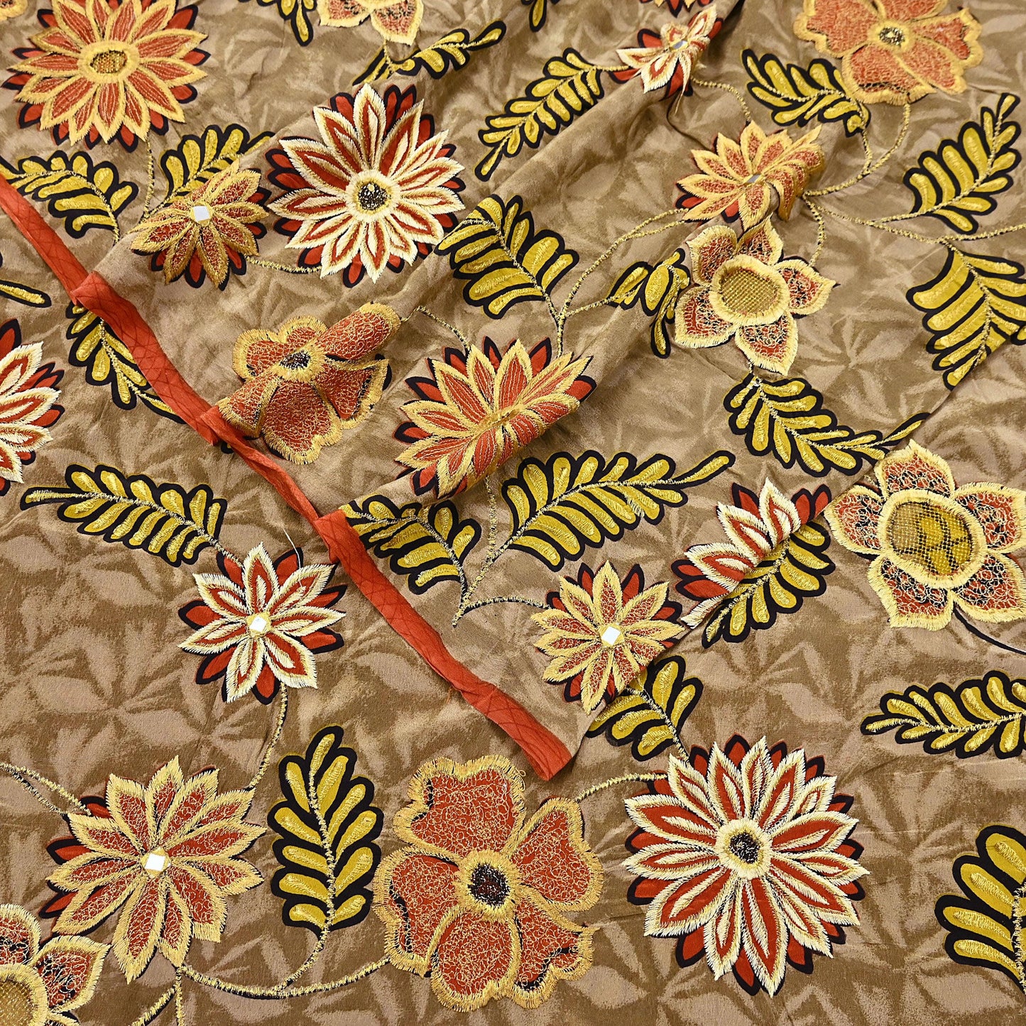 Indian Vintage Sari Brown Pure Crepe Silk Hand Embroidered Saree 5yd Sewing Floral Craft Sequins Dress making Crafting Quilting