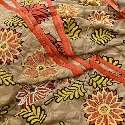Indian Vintage Sari Brown Pure Crepe Silk Hand Embroidered Saree 5yd Sewing Floral Craft Sequins Dress making Crafting Quilting