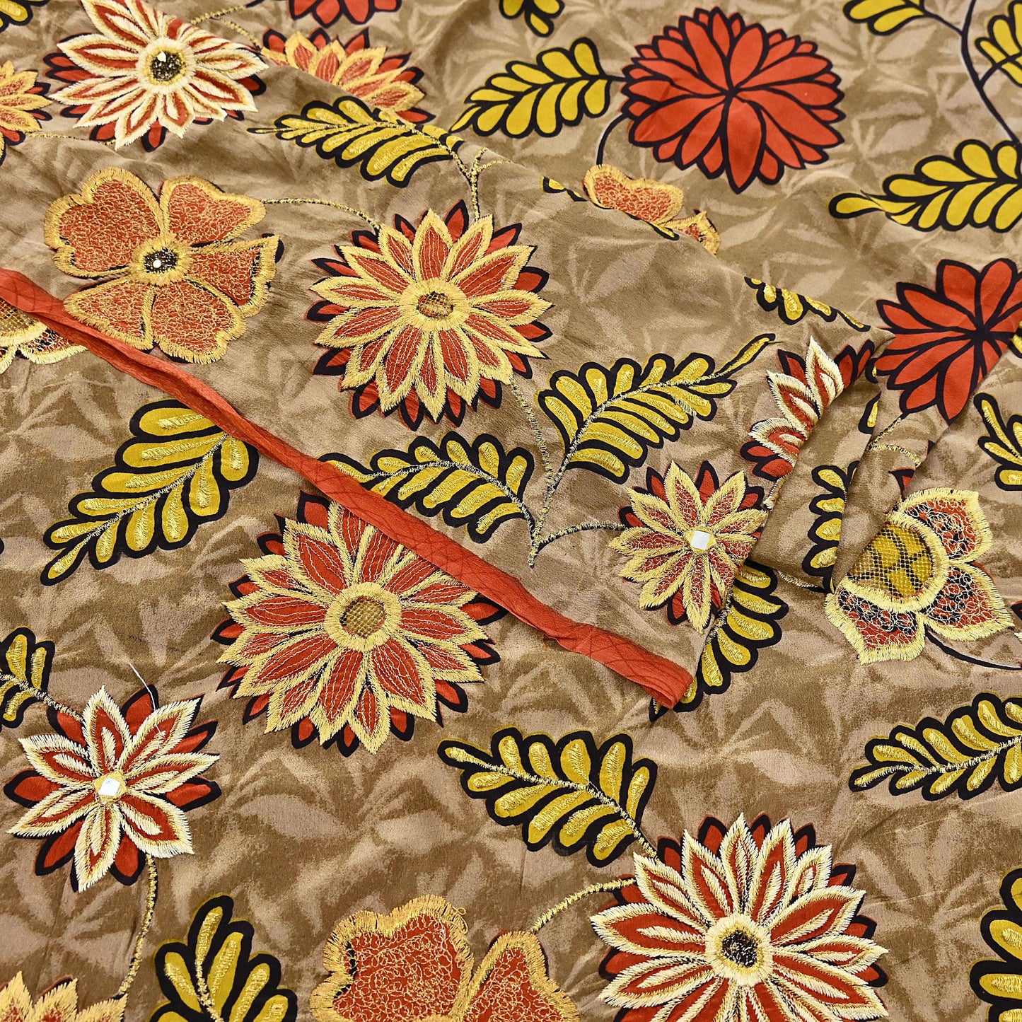 Indian Vintage Sari Brown Pure Crepe Silk Hand Embroidered Saree 5yd Sewing Floral Craft Sequins Dress making Crafting Quilting