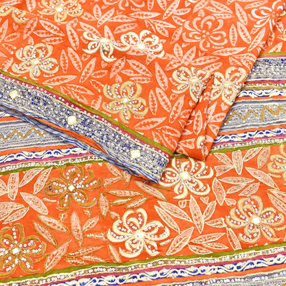Indian Vintage Sari Orange Pure Crepe Silk Hand Embroidered Saree 5yd Sewing Floral Craft Sequins Dress making Crafting Quilting