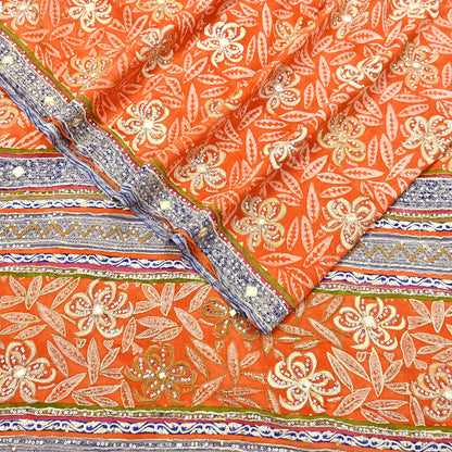 Indian Vintage Sari Orange Pure Crepe Silk Hand Embroidered Saree 5yd Sewing Floral Craft Sequins Dress making Crafting Quilting