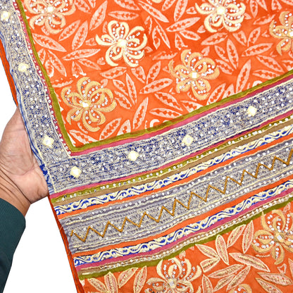 Indian Vintage Sari Orange Pure Crepe Silk Hand Embroidered Saree 5yd Sewing Floral Craft Sequins Dress making Crafting Quilting
