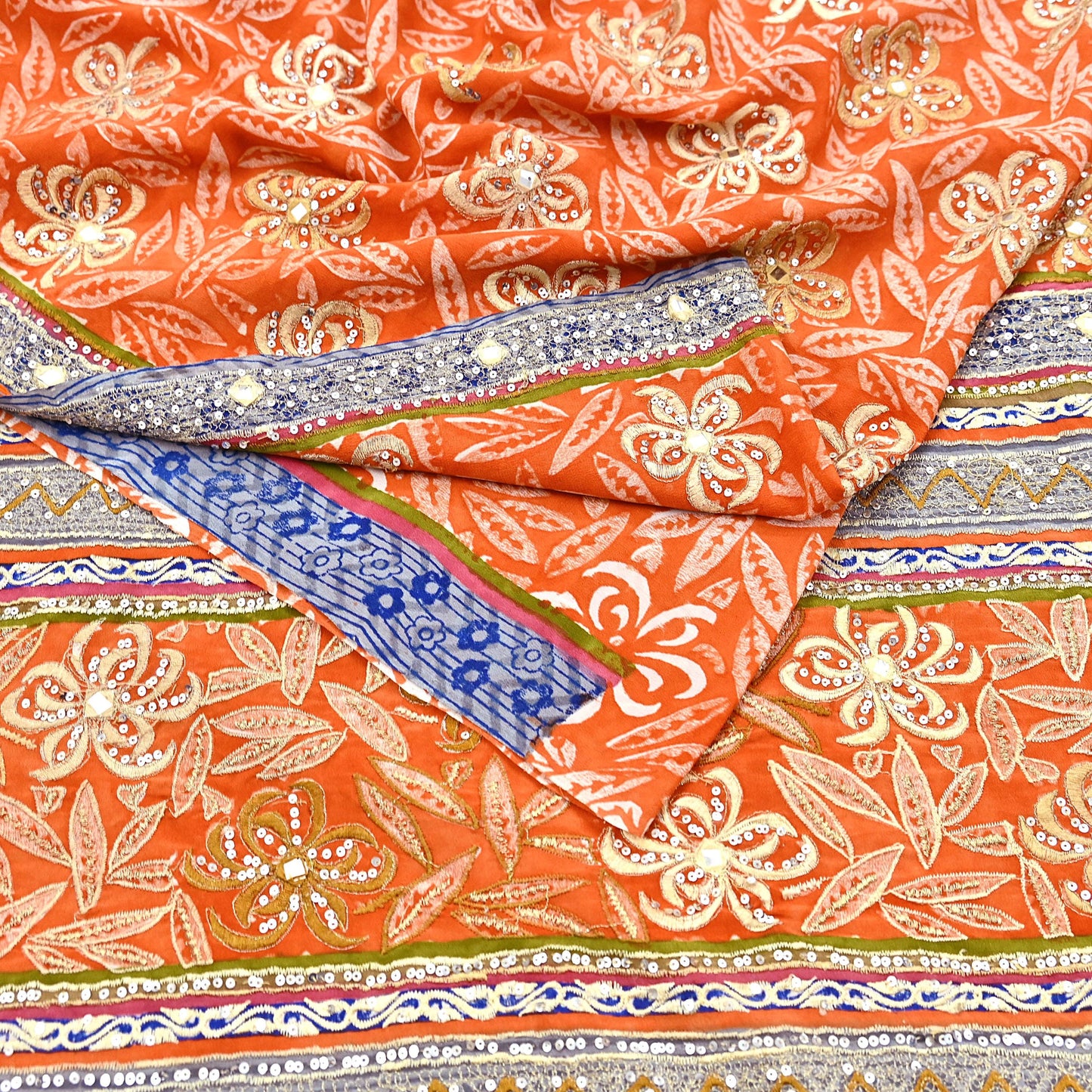 Indian Vintage Sari Orange Pure Crepe Silk Hand Embroidered Saree 5yd Sewing Floral Craft Sequins Dress making Crafting Quilting