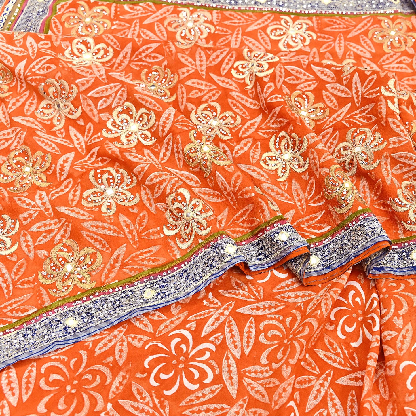 Indian Vintage Sari Orange Pure Crepe Silk Hand Embroidered Saree 5yd Sewing Floral Craft Sequins Dress making Crafting Quilting