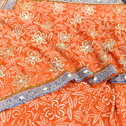 Indian Vintage Sari Orange Pure Crepe Silk Hand Embroidered Saree 5yd Sewing Floral Craft Sequins Dress making Crafting Quilting