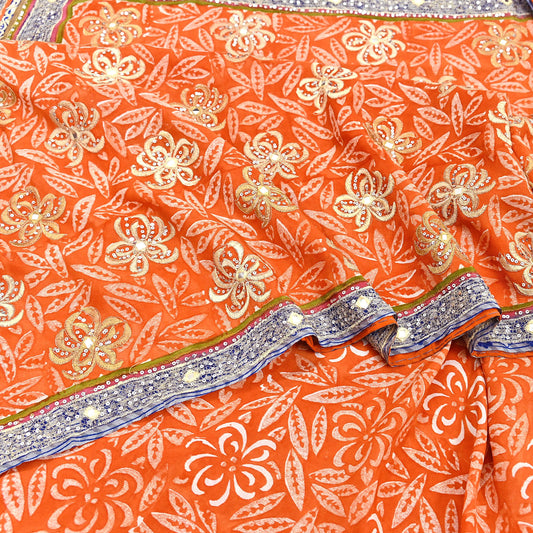 Indian Vintage Sari Orange Pure Crepe Silk Hand Embroidered Saree 5yd Sewing Floral Craft Sequins Dress making Crafting Quilting