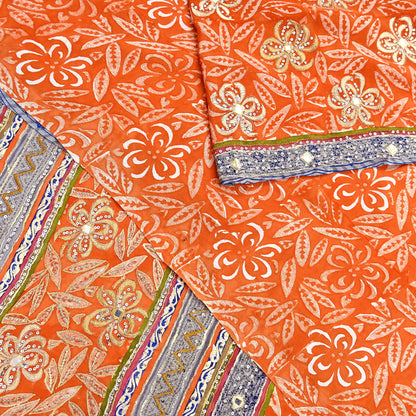 Indian Vintage Sari Orange Pure Crepe Silk Hand Embroidered Saree 5yd Sewing Floral Craft Sequins Dress making Crafting Quilting