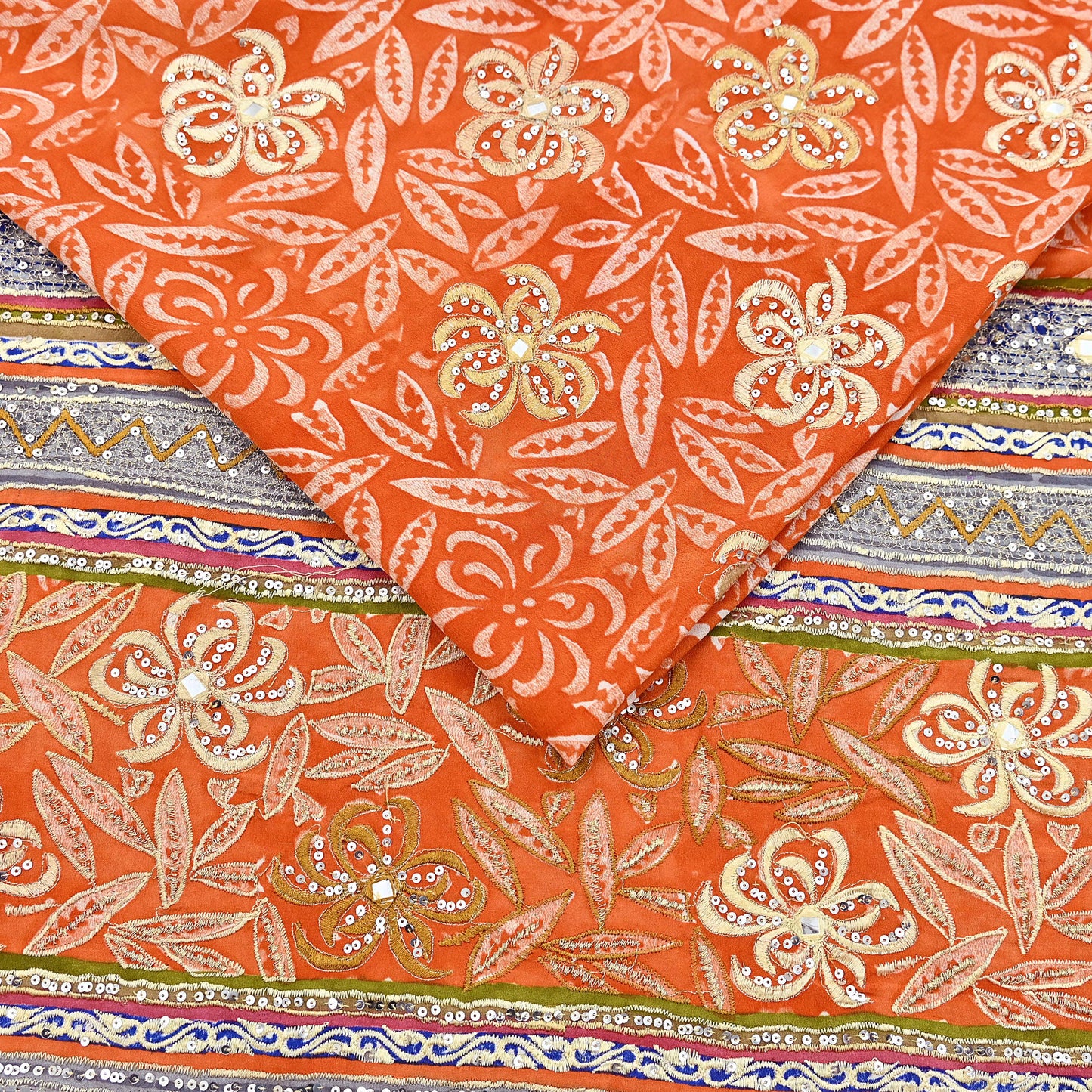 Indian Vintage Sari Orange Pure Crepe Silk Hand Embroidered Saree 5yd Sewing Floral Craft Sequins Dress making Crafting Quilting