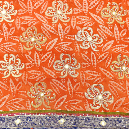 Indian Vintage Sari Orange Pure Crepe Silk Hand Embroidered Saree 5yd Sewing Floral Craft Sequins Dress making Crafting Quilting