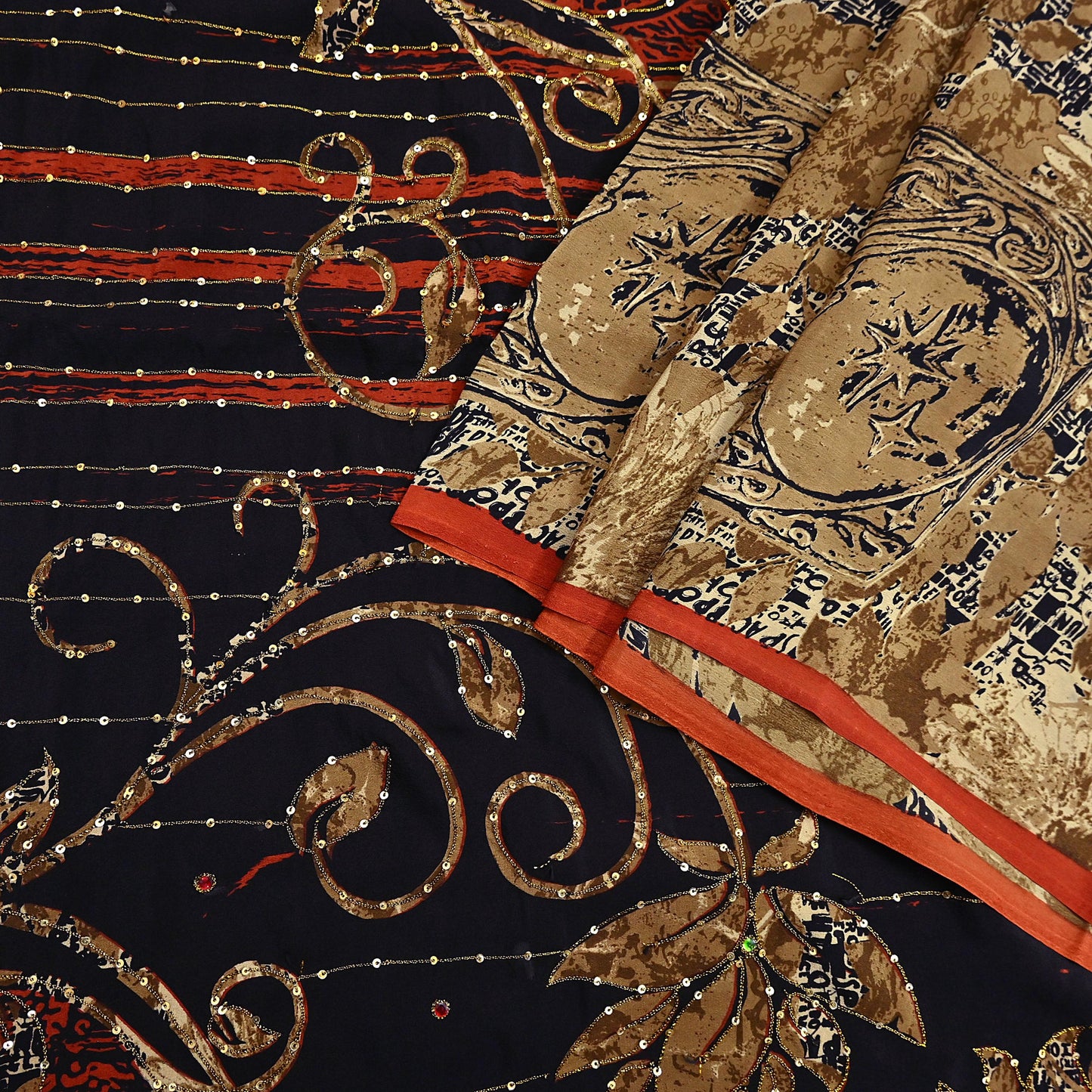 Indian Vintage Sari black & rusty Pure Crepe Silk Hand Embroidered Saree 6yd Sewing Floral Craft Sequins Dress making Crafting Quilting