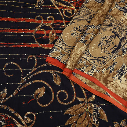 Indian Vintage Sari black & rusty Pure Crepe Silk Hand Embroidered Saree 6yd Sewing Floral Craft Sequins Dress making Crafting Quilting