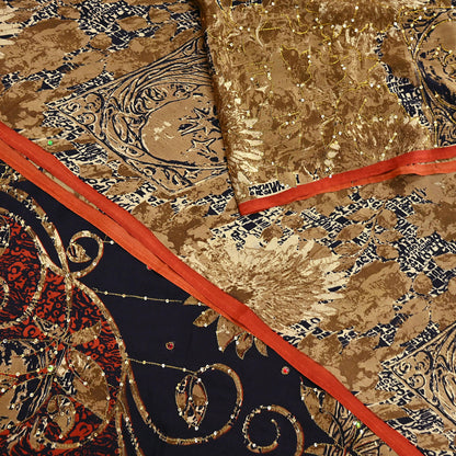 Indian Vintage Sari black & rusty Pure Crepe Silk Hand Embroidered Saree 6yd Sewing Floral Craft Sequins Dress making Crafting Quilting