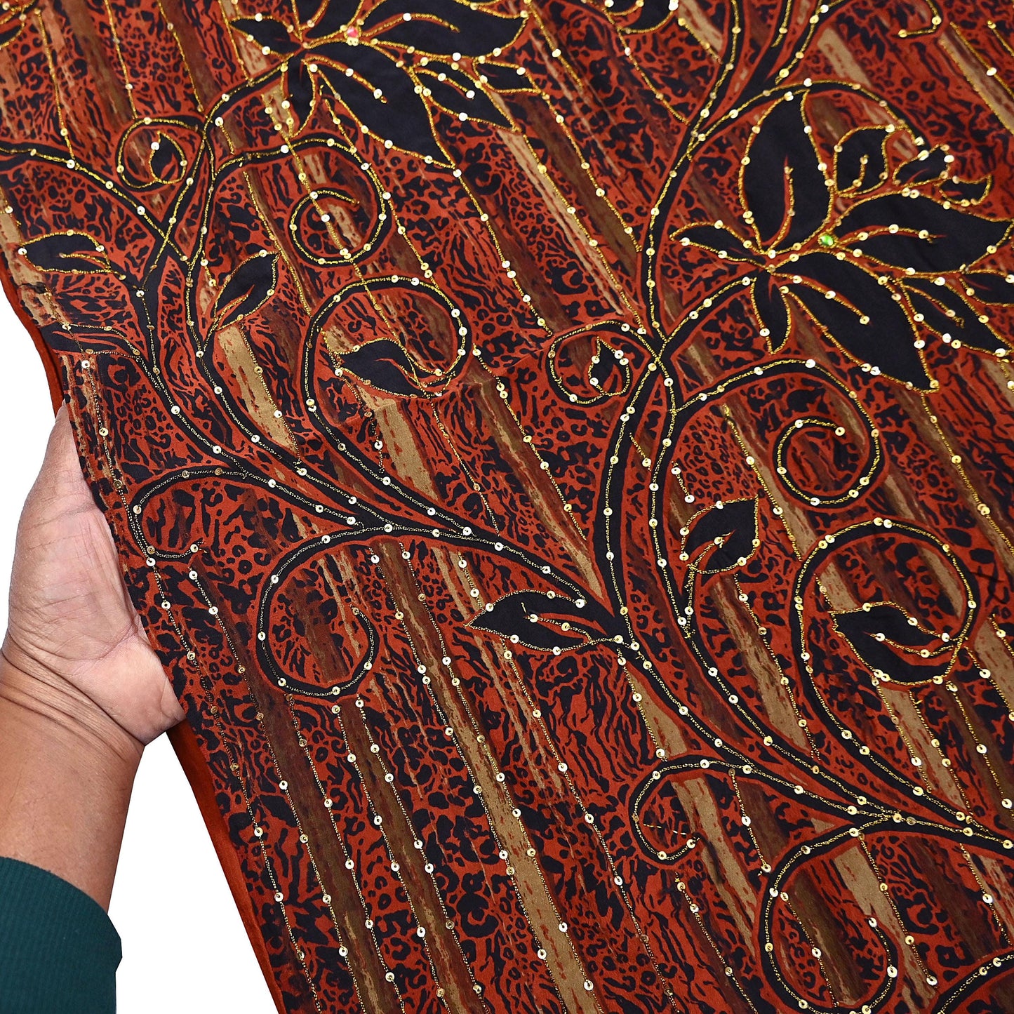 Indian Vintage Sari black & rusty Pure Crepe Silk Hand Embroidered Saree 6yd Sewing Floral Craft Sequins Dress making Crafting Quilting