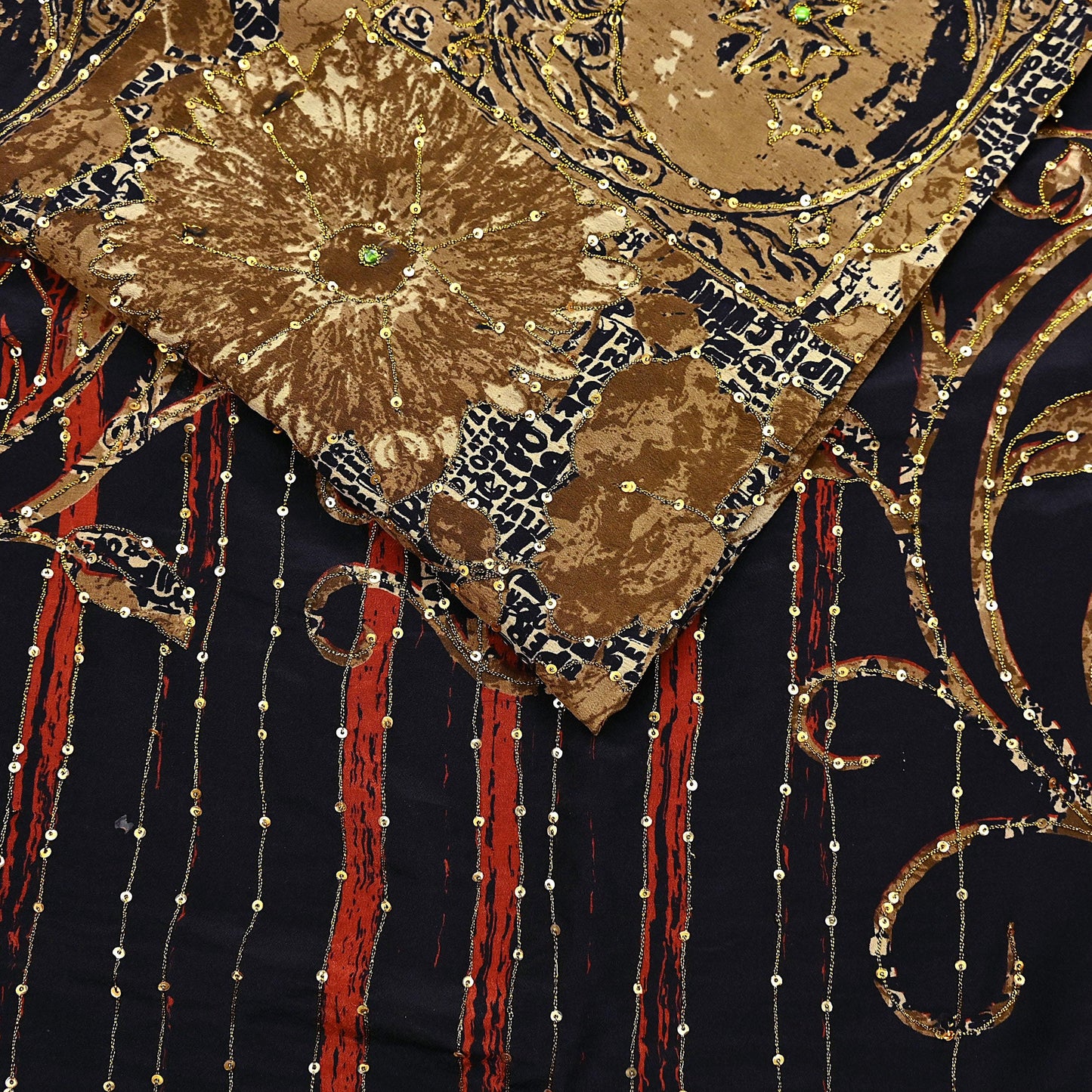 Indian Vintage Sari black & rusty Pure Crepe Silk Hand Embroidered Saree 6yd Sewing Floral Craft Sequins Dress making Crafting Quilting