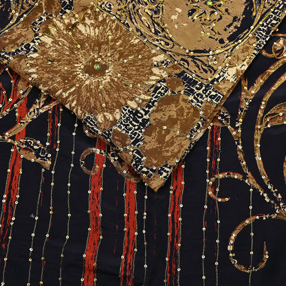 Indian Vintage Sari black & rusty Pure Crepe Silk Hand Embroidered Saree 6yd Sewing Floral Craft Sequins Dress making Crafting Quilting