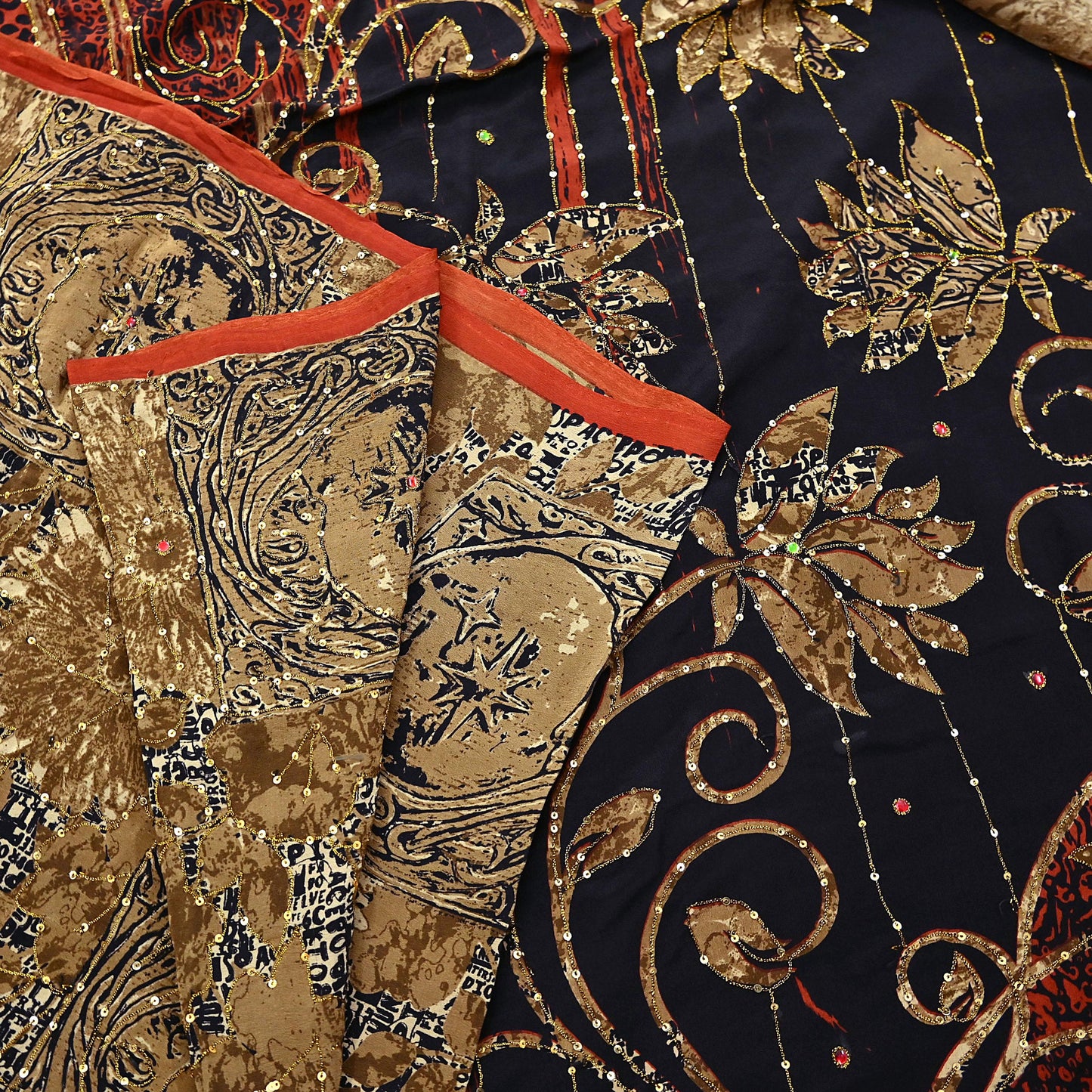 Indian Vintage Sari black & rusty Pure Crepe Silk Hand Embroidered Saree 6yd Sewing Floral Craft Sequins Dress making Crafting Quilting