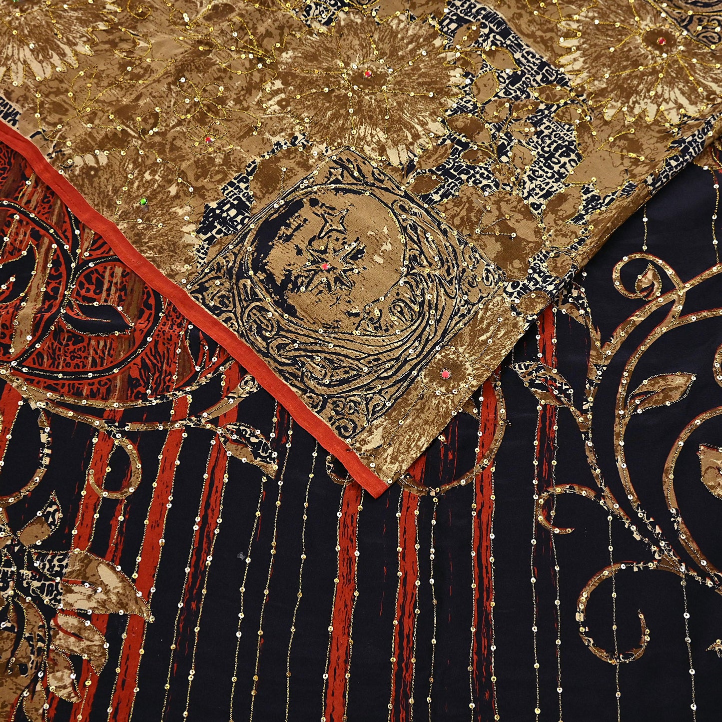 Indian Vintage Sari black & rusty Pure Crepe Silk Hand Embroidered Saree 6yd Sewing Floral Craft Sequins Dress making Crafting Quilting