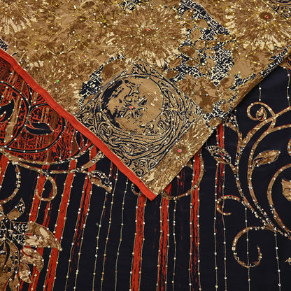 Indian Vintage Sari black & rusty Pure Crepe Silk Hand Embroidered Saree 6yd Sewing Floral Craft Sequins Dress making Crafting Quilting