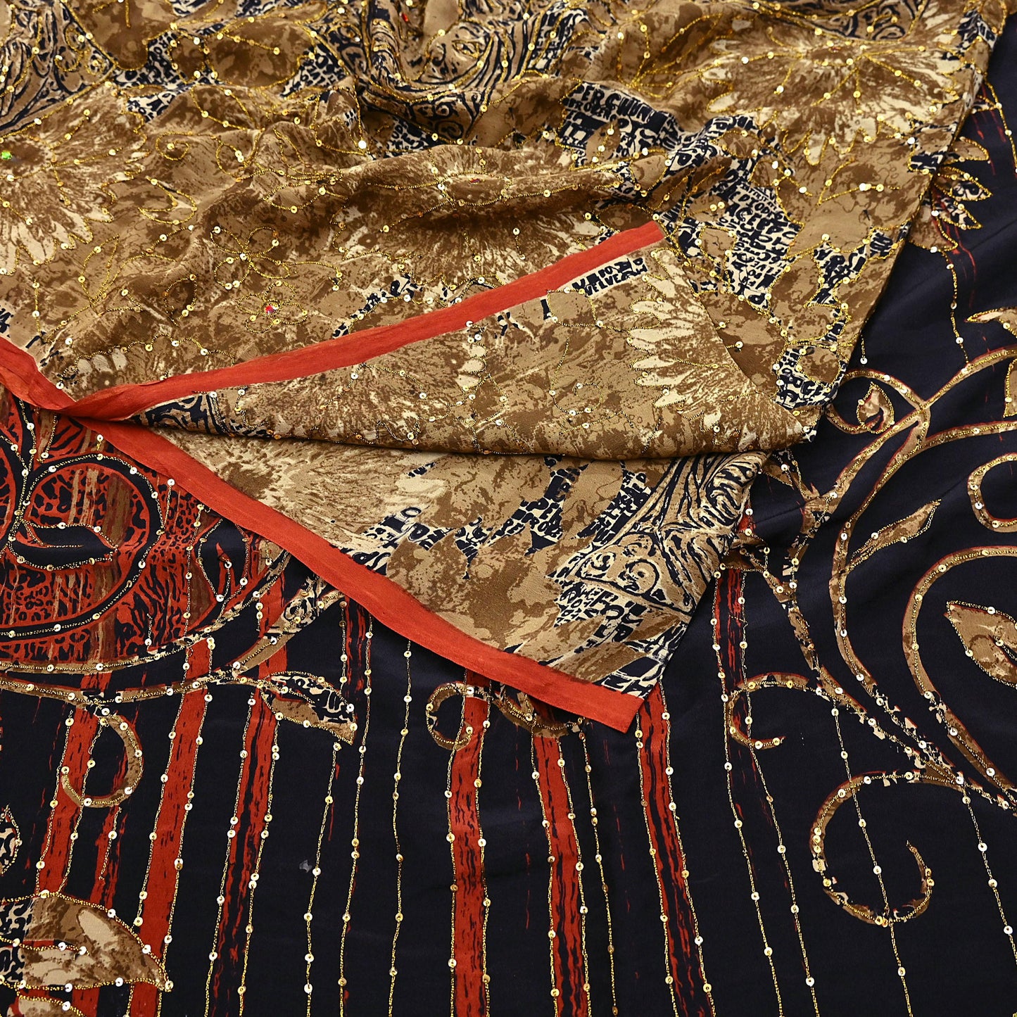 Indian Vintage Sari black & rusty Pure Crepe Silk Hand Embroidered Saree 6yd Sewing Floral Craft Sequins Dress making Crafting Quilting