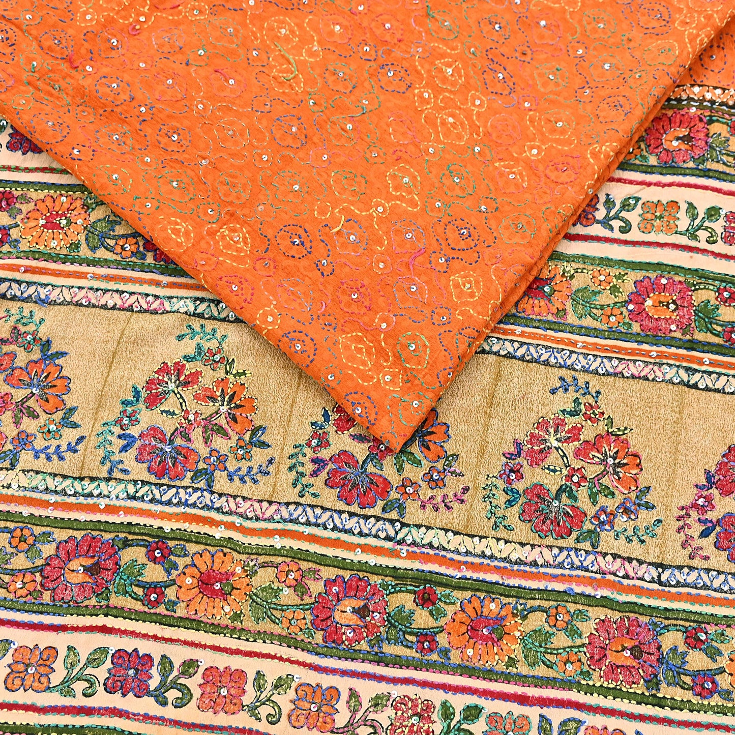 Indian Vintage Sari orange Pure Crepe Silk Hand Embroidered Kantha Saree 5yd Craft Fabric Sewing Floral Soft Dress making Crafting