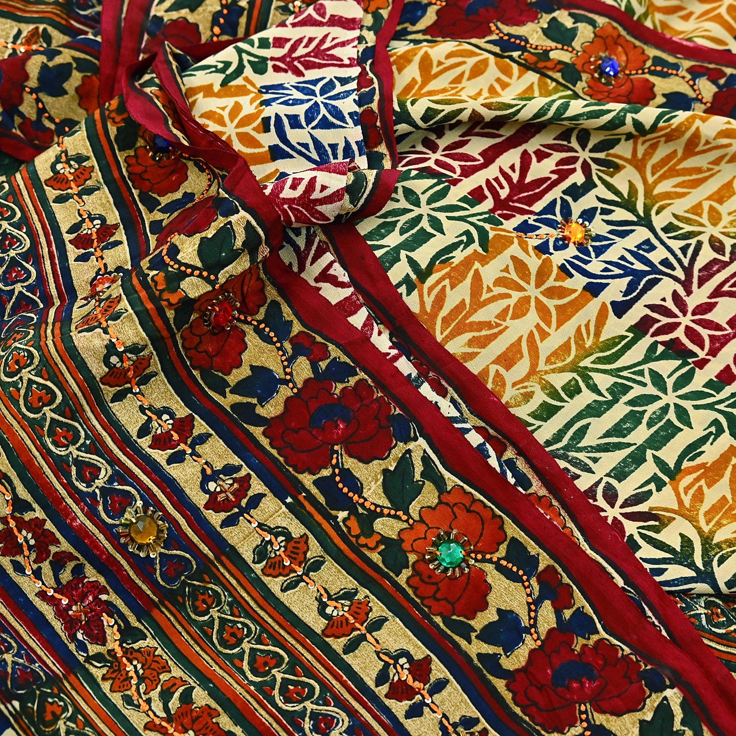 Indian Vintage Sari Multi & Beige Pure Crepe Silk Hand Embroidered Saree 5yd Sewing Floral Craft Sequins Dress making Crafting Quilting