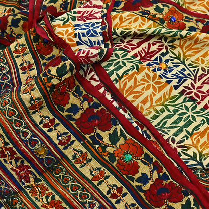 Indian Vintage Sari Multi & Beige Pure Crepe Silk Hand Embroidered Saree 5yd Sewing Floral Craft Sequins Dress making Crafting Quilting