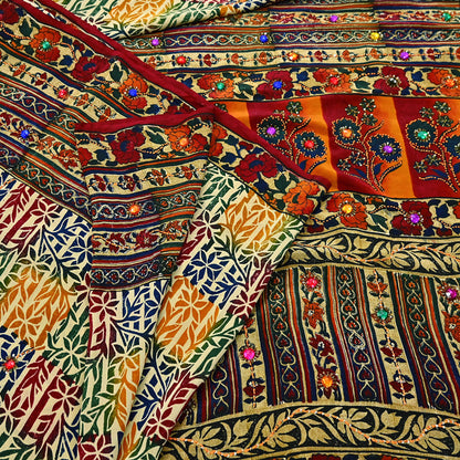 Indian Vintage Sari Multi & Beige Pure Crepe Silk Hand Embroidered Saree 5yd Sewing Floral Craft Sequins Dress making Crafting Quilting