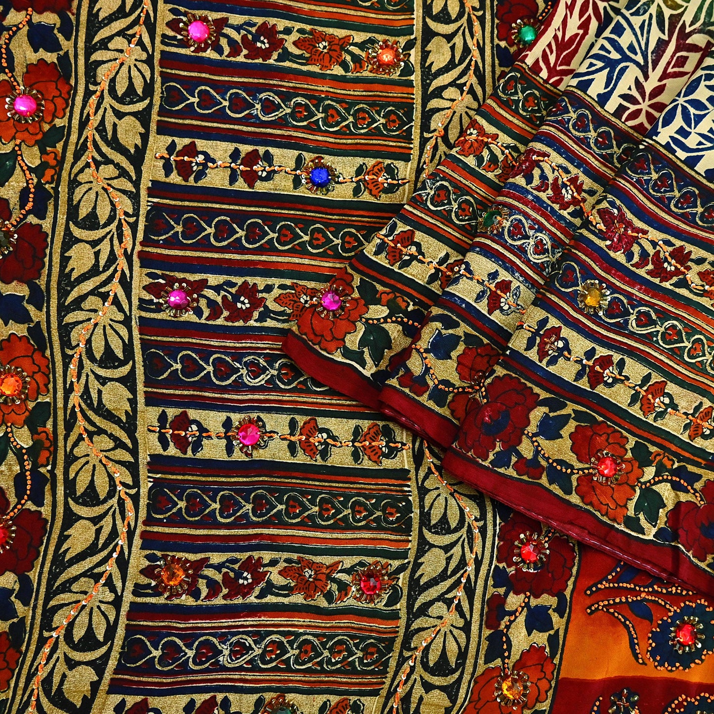 Indian Vintage Sari Multi & Beige Pure Crepe Silk Hand Embroidered Saree 5yd Sewing Floral Craft Sequins Dress making Crafting Quilting