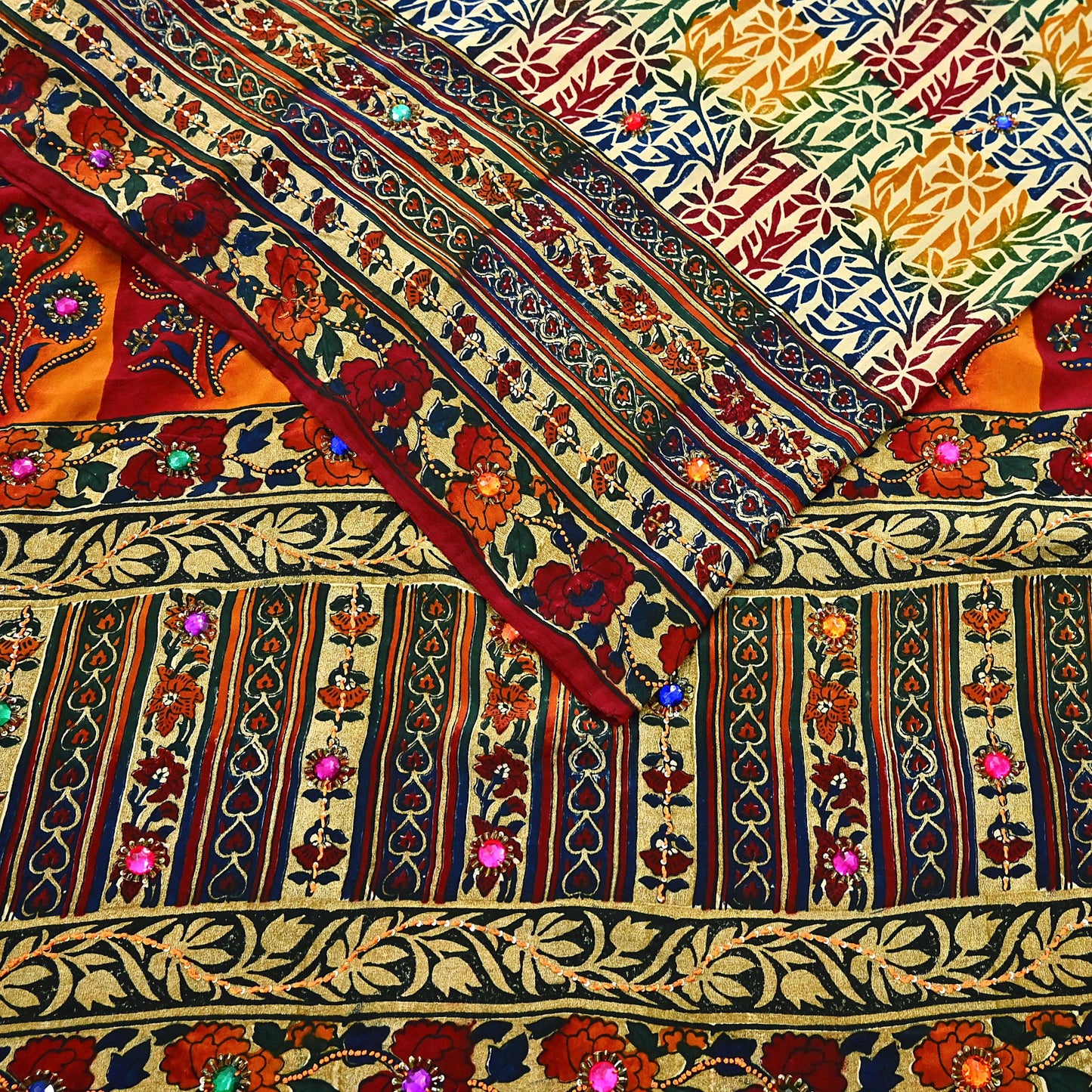 Indian Vintage Sari Multi & Beige Pure Crepe Silk Hand Embroidered Saree 5yd Sewing Floral Craft Sequins Dress making Crafting Quilting