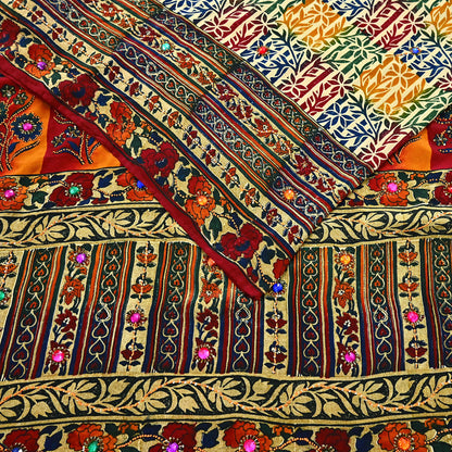 Indian Vintage Sari Multi & Beige Pure Crepe Silk Hand Embroidered Saree 5yd Sewing Floral Craft Sequins Dress making Crafting Quilting